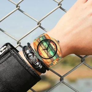 Uhren Herren Quarz Wasserdicht Analog Sport/Handgemachtes Armband/Bunter Bambus. - Bild 1 von 8
