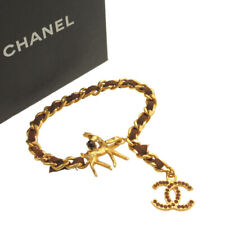CHANEL Coco mark 01A Colored Stone Bambi Metal Gold Brown Tea Chain Bracelet