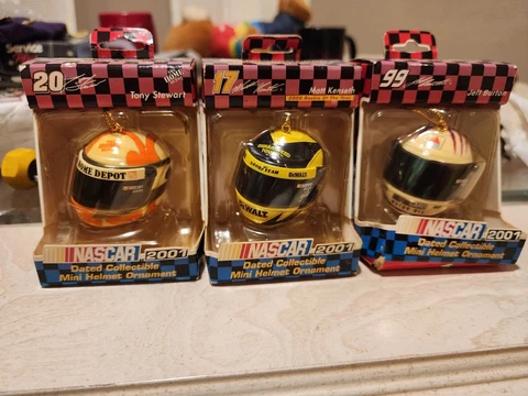 2001 nascar mini helmet ornaments, Tony Stewart, Matt Kenseth, Jeff Burton Cover