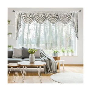 Jacquard Waterfall Valance for Windows with Luxury Tassels, Rod Pocket Swag V... - Picture 1 of 7