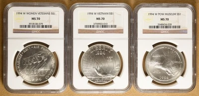 1994 3-Piece Veterans Commemorative Silver Dollars NGC MS70 - Image 1 of 2