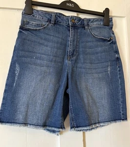 George Blue Distressed Denim Mid Rise Fringe Hem Shorts UK12 L7.5" - Picture 1 of 5