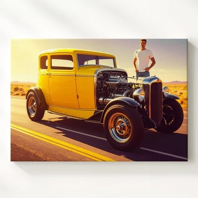 Arte de pared amarillo brillante vintage Hot Rod lienzo clásico americano personalizado arte de automóvil Foto 1 de 4