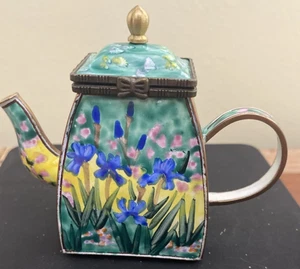 2000 KELVIN CHEN ENAMEL WILD IRIS FLORAL MINIATURE TEAPOT/ TRINKET BOX, No. 2778 - Picture 1 of 7