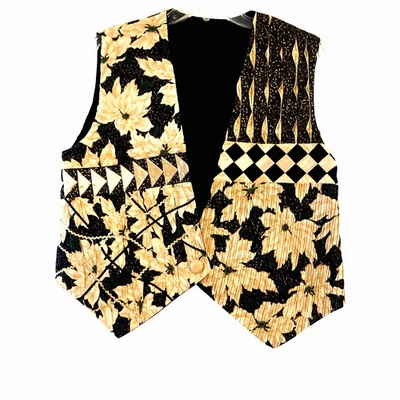 Holiday Christmas Vest Womens M Poinsettia Black Gold Partial Quilted Handmade - Image 1 of 4