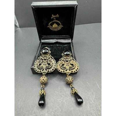 Resorts International Atlantic City Brass Black Onyx Dangle Chandelier Earrings - Image 1 of 4