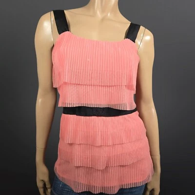 Y2K Le Chateau Sleeveless Chiffon Top Size M Coral Black Tiered Accordion Pleat - Image 1 of 4