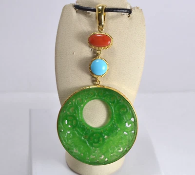 CIONDOLO  ARGENTO 925 DORATO GIADA VERDE  CORALLO ROSSO E TURCHESE     AGDV 0221 - Immagine 1 di 3