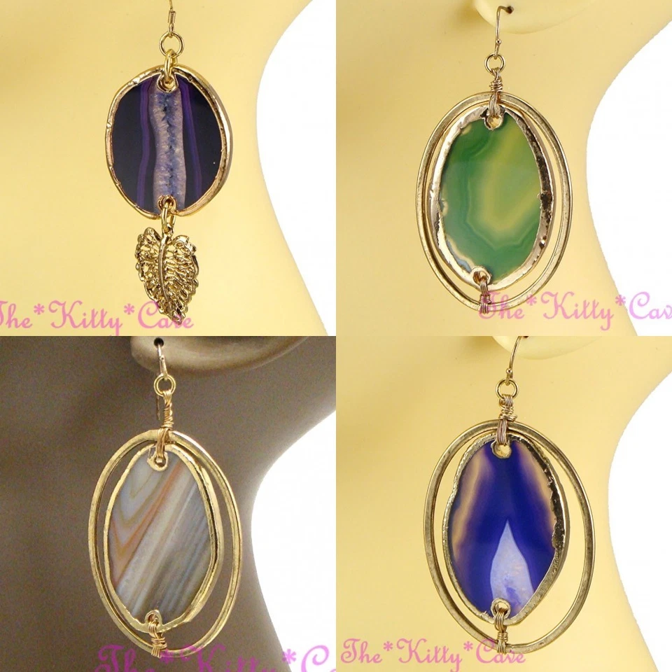 Pendientes de gemas de roca drusa en rodajas de calcedonia orgánica semipreciosa en rodajas Foto 1 de 1