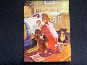 Vintage ART PRINT Calendar Litho Girl Dog Praying CHILDREN STORY BOOK Signed #91 - Picture 1 of 5