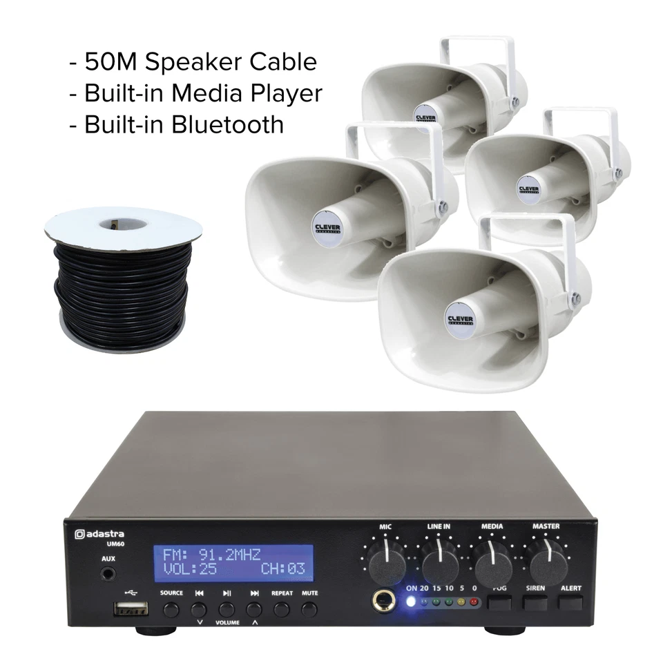 Adastra UM60 Kompaktmixer-Amp mit 4x 15W Horn-Lautsprechern & 100m Kabel - Bild 1 von 1