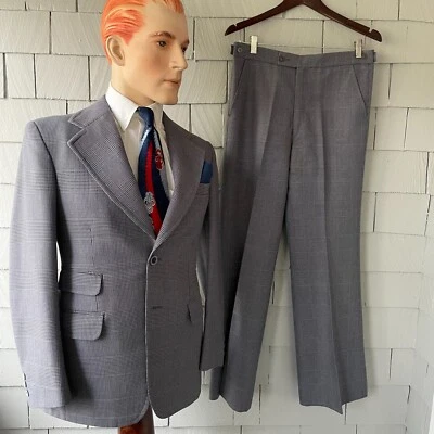 Traje elegante vintage años 70 gris campana a cuadros parte inferior 2 botones para hombre 2 piezas talla 37 Foto 1 de 4
