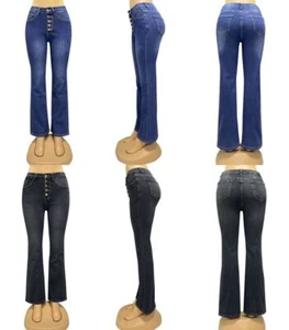 Pantalones de mezclilla para mujer cintura alta dobladillo dividido acampanados con parte inferior de campana - Imagen 1 de 18
