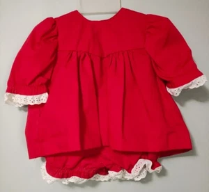 Vintage 1980's Handsewn Toddler's Outfit & Bloomers, Red/White Lace Trim, Short - Picture 1 of 7