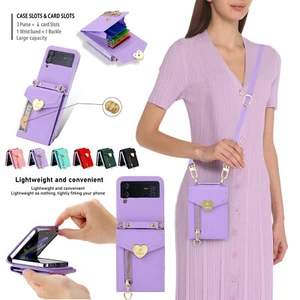 For Samsung Galaxy Z Flip 5 4 3 Leather Wallet Case Card Crossbody Strap Cover - Picture 1 of 69