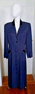 John Roberts Maxi Jacket Blazer Dress Size 12 Navy Blue Velvet Trim USA Made VTG - Picture 1 of 13