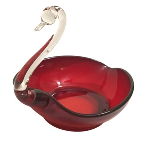 Vintage Martinsville Viking Glass Sweetheart Swan Red & Clear Art Glass Dish MCM - Picture 1 of 5