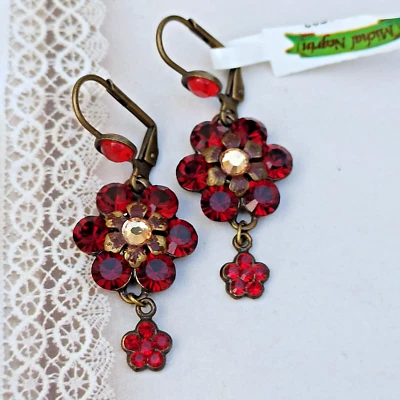 Pendientes Michal Negrin Rojo Oscuro Profundo Granate Flor Grande y Cristal de Swarovski Nuevos con Etiquetas Foto 1 de 4