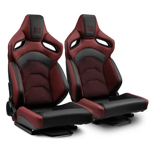 Par de asientos de carreras de PVC reclinables asiento de automóvil universal negro-rojo conjunto completo con deslizadores - Imagen 1 de 10