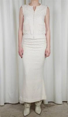 CHANEL Crema Nubby Tweed + PERLAS Chaqueta/Chaleco Sin Mangas + Falda Larga Conjunto de Traje S/36 Foto 1 de 4