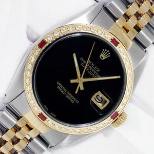 Rolex Mens DateJust 36mm Black Onyx Watch Steel - 18k Gold Diamond Ruby Bezel - Picture 1 of 12