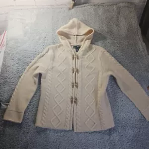 Mercer & Madison Hooded Cable Knit Toggle Cardigan Sweater Lambswool Womens M - Picture 1 of 8