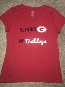 Georgia Bulldogs ALL I NEED IS MY BULLDOGS V-Neck T-shirt Women's L Short Sleeve - Picture 1 of 10
