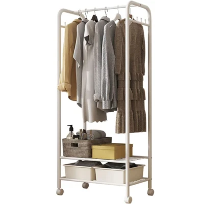 Garderobe Metall Garderobenständer weiß Kleiderständer auf Rollen mit 8 Haken  - Bild 1 von 4