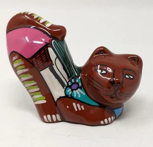 Folk Art Stretched Cat Mexico Hand Painted Beautiful colors Glossy Terracotta - Picture 1 of 18