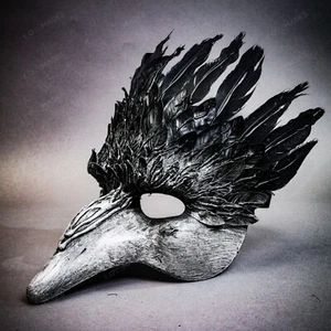 Grey Black Feather Masquerade Mask Short Nose Bird Costume for Halloween Party - Picture 1 of 4
