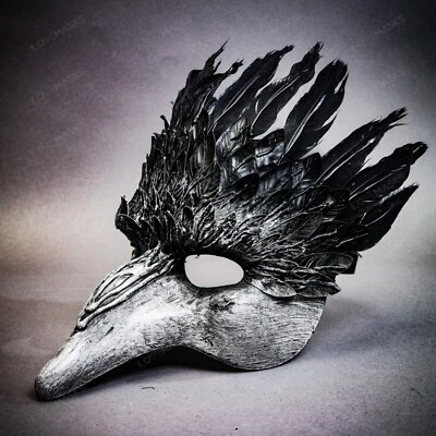 Grey Black Feather Masquerade Mask Short Nose Bird Costume for Halloween Party - Image 1 of 4
