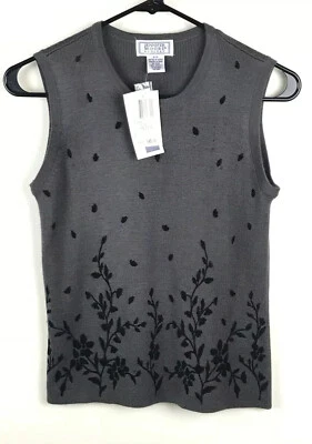 JENNIFER MOORE NUEVO CON ETIQUETAS $45 Gris Jaspeado Tejido Shell Top Negro Terciopelo Hojas Talla P/P Foto 1 de 4
