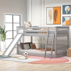Twin over Twin Bunk Bed Frame with Convertible Slide Ladder Gray For Kids Teens - Picture 1 of 16