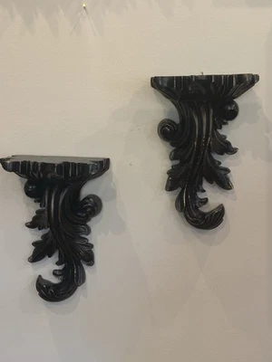 "Juego de apliques de pared barrocos negros con detalles dorados de colección ~ soportes ~ estantes 12"" x 8""" Foto 1 de 4