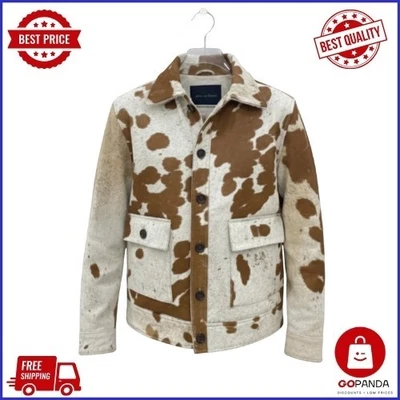 Brown Patches on White Fur Button-Front Stylish Outerwear Cowhide Hair On Jacket - Image 1 of 4