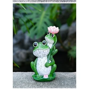Frog Garden Sculpture Solar Powered with Resin and Lotus Flower Design - Picture 1 of 12
