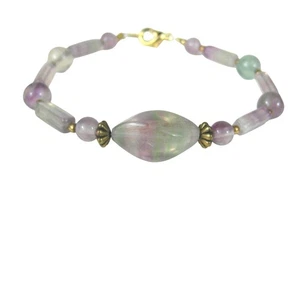 Vintage STYLE Fluorite Stone Beaded Bracelet Gold Tone Beads Clasp - Picture 1 of 7