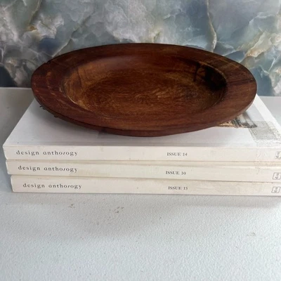 Vintage Dark Solid Wood Round Plate Tray 9" Mid Century Style Hand Turn - Image 1 of 4