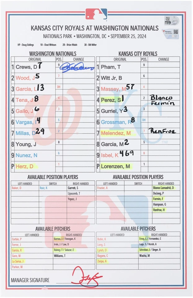 Dylan Crews Nationals Signed GU Lineup Card vs Royals on September 25, 2024 - Image 1 of 1