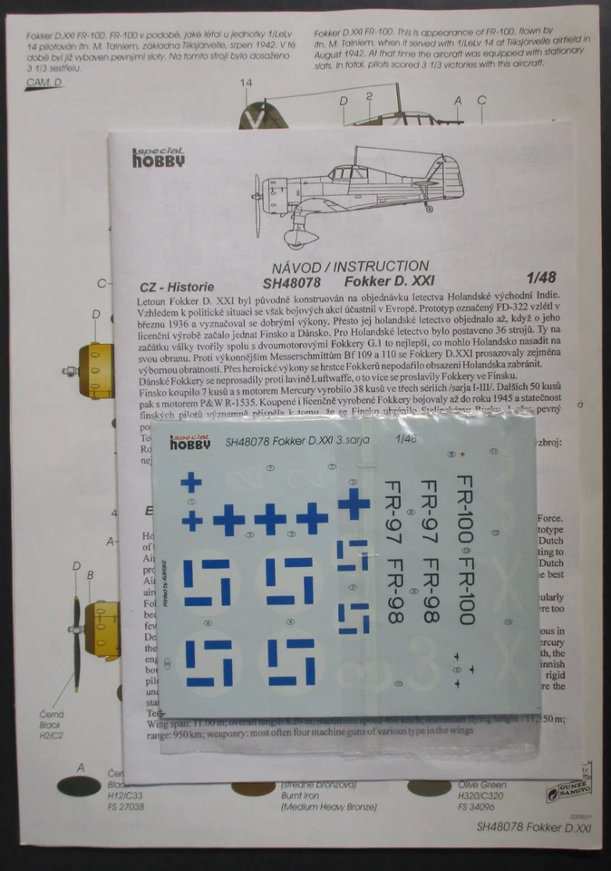 Special Hobby 1/48th Scale Fokker D XXI. - Decals from Kit No. 48078 - Image 1 of 1