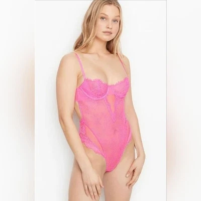 Victoria's Secret Hot Pink Lace Teddy Bodysuit Size Small - Image 1 of 4