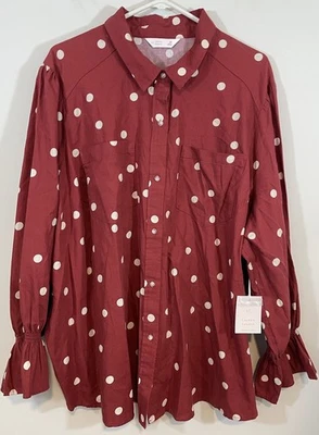 NUEVA LC Lauren Conrad Blusa Abotonada Mujer Talla 3X Top Polkadot Óxido Puño Calado Foto 1 de 4