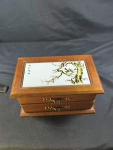 Vintage Holz Schmuck Schmuckkästchen Kirschblütenbaum Keramikfliese Deckel *lesen* - Bild 1 von 13