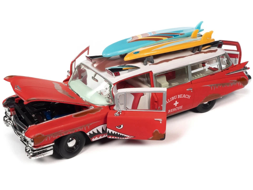 Autoworld AW312 1959 Cadillac Eldorado Ambulance with Surfboards Surf Shark 1/18 - Image 1 of 1