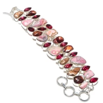 Brazalete de plata de ley 925 rodocrosita natural, piedras preciosas de rubillita 7-8" J128 Foto 1 de 4