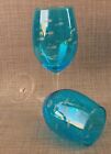 2 Lg. 20 oz Turquoise Blue Glass SWIMMING FISH Water Wine Goblets Beach Stemware