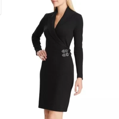 Vestido suéter para mujer Chaps chal escote hebilla cintura talla L negro nuevo con etiquetas Foto 1 de 4