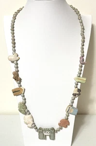 Vintage Handcrafted Ceramic Clay Beads Necklace Zoo Themed Charms 28"Artisan Art - Picture 1 of 9
