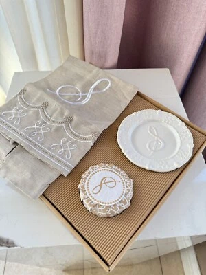Mud Pie Knot Beau Fleur de Lis “S”Monogram Initial Towel Soap Dish Set white - Image 1 of 4