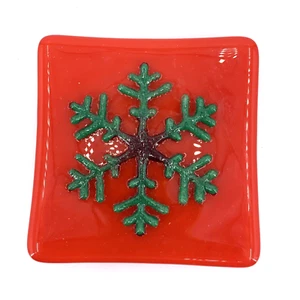 Fused Art Glass Trinket Dish Christmas Snowflake Red/Green 5" Square - Picture 1 of 7